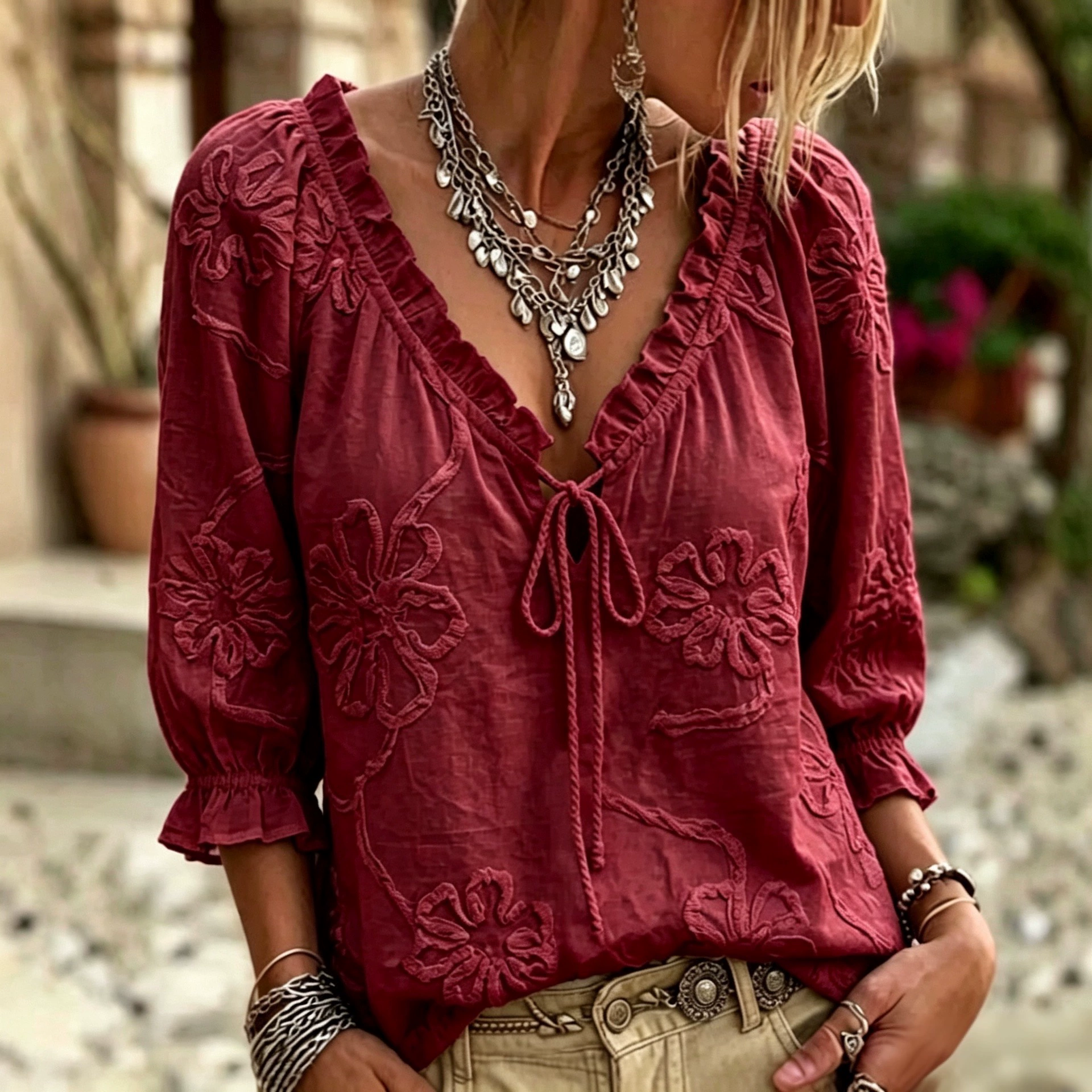 Elegant Commute Shirt for Office with Ruffle Trim and Tie-front - Model: 1066752558389 - 图片 3