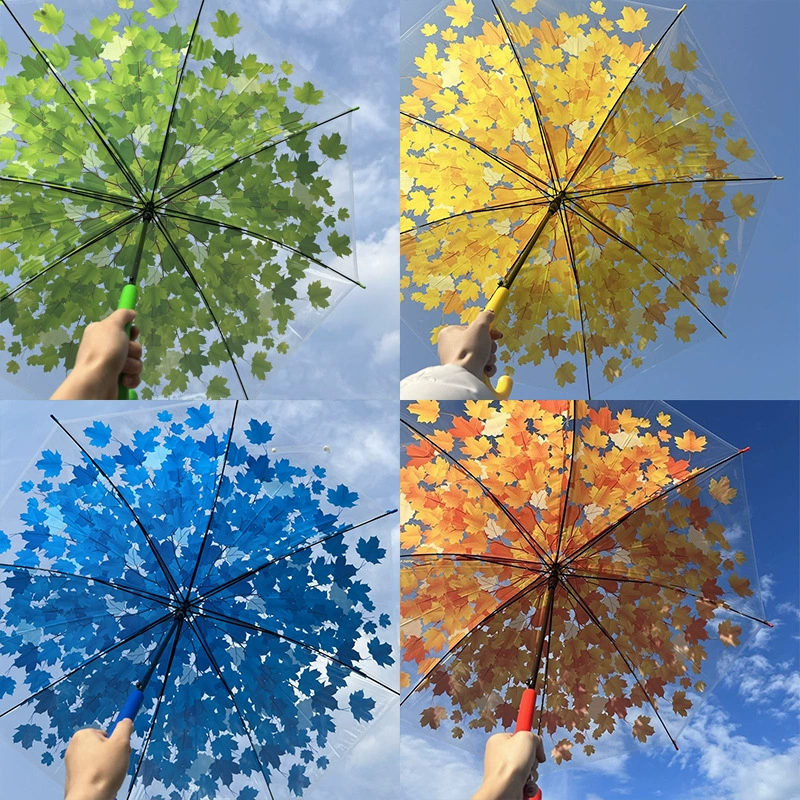 Transparent Maple Leaf Umbrella for Rainy Days with Iron Handle - Model: 728137578631