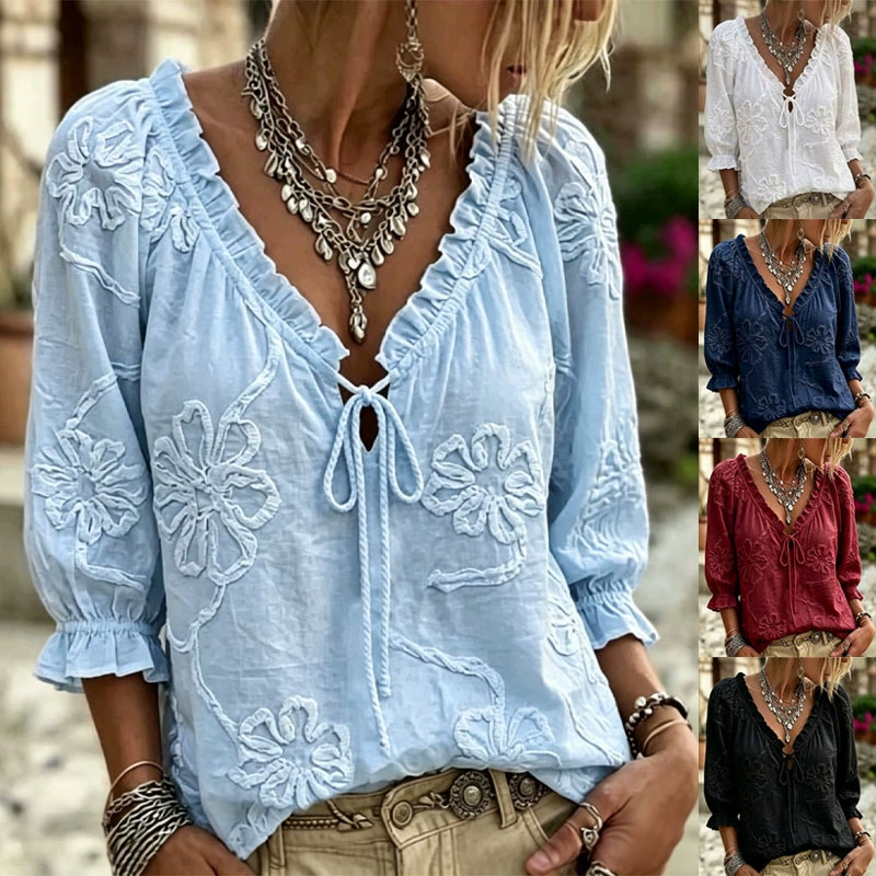 Elegant Commute Shirt for Office with Ruffle Trim and Tie-front - Model: 1066752558389