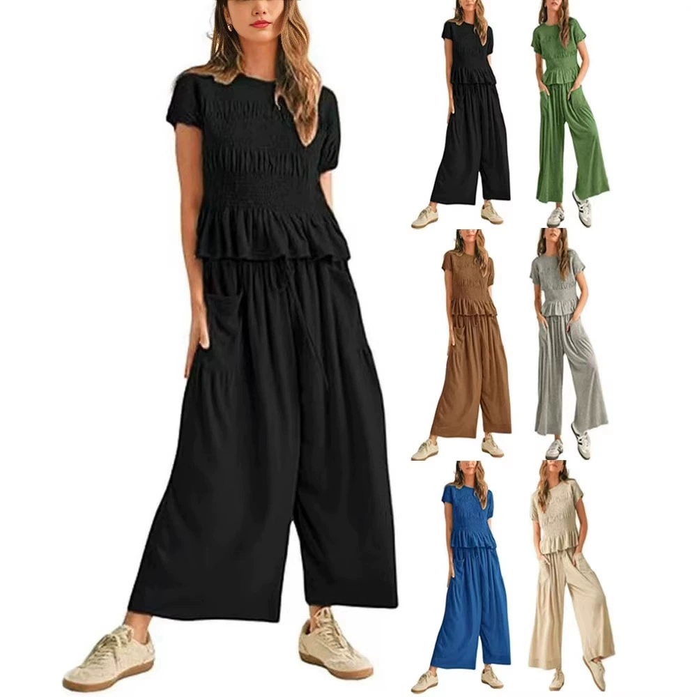 Casual Summer Outfit for Women with Pleated High Waist Wide Leg Pants - Model: 1033888302399