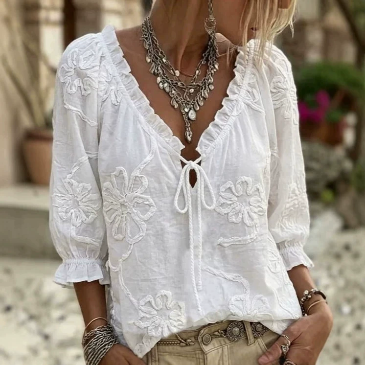 Elegant Commute Shirt for Office with Ruffle Trim and Tie-front - Model: 1066752558389 - 图片 5